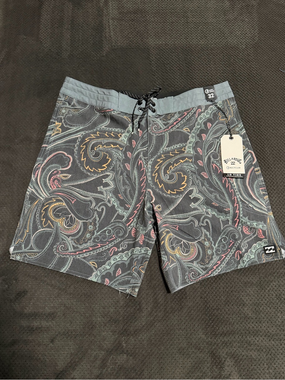 Billabong Men’s Black Paisley Boardshorts with Green and Red Accents